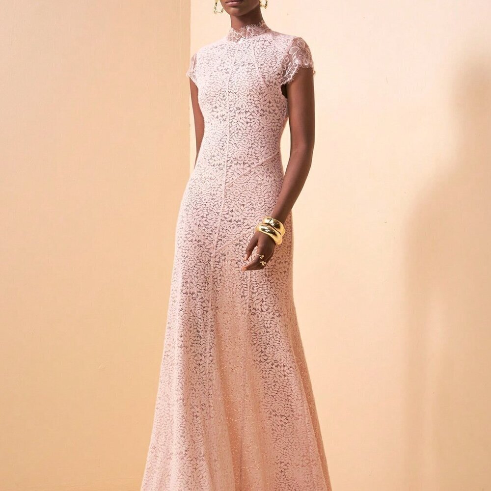 Pink Sexy Women's Formal Lace A-Line Cap Sleeve Evening Wedding Dress